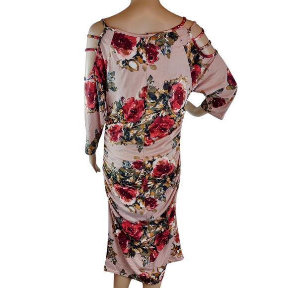 MINETTE Women's Midi Floral Dress 1X Polyester Spandex Mauve Red Cut-Out - Picture 3 of 7